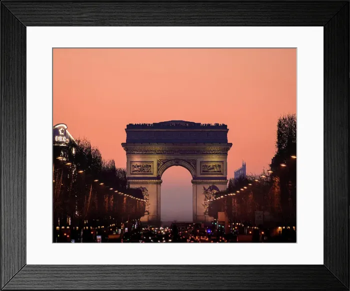 Framed Print : view of arc de triomphe over sunset from champs elysees