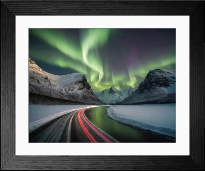 Framed Print : Bright Winter Night In Arctic Norway, Traffic trails at the fjor