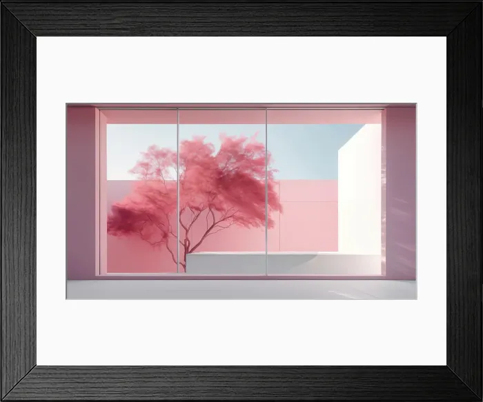 Framed Print : minimalistic interior design with large windows and a pink tree Framed Print : minimalistic interior design with large windows and a pink tree