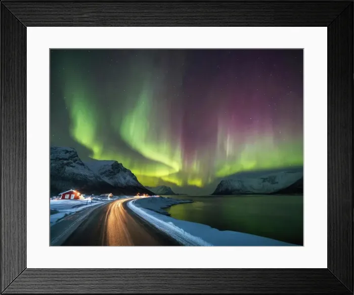 Framed Print : Bright Winter Night In Arctic Norway, Traffic trails at the fjor