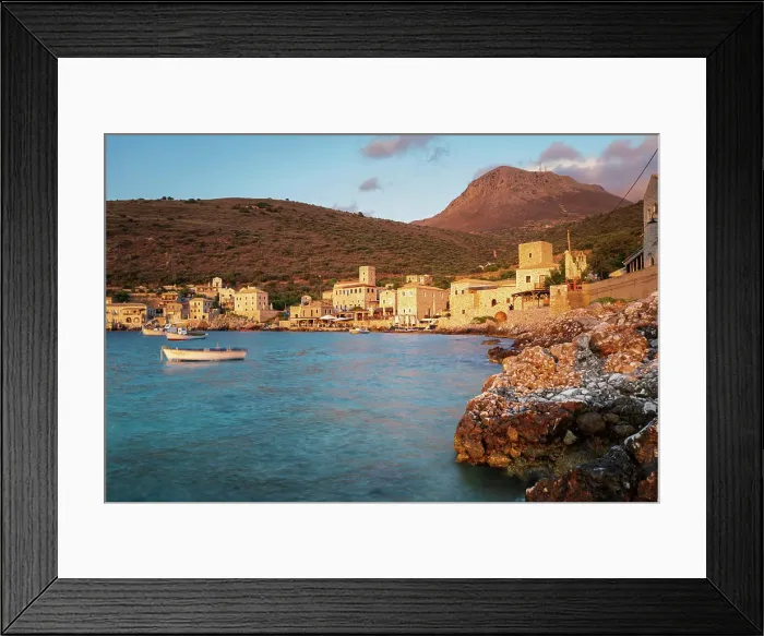 Framed Print : Fishing Boats bob at sunset in the Bay of Limeni, Greece Framed Print : Fishing Boats bob at sunset in the Bay of Limeni, Greece