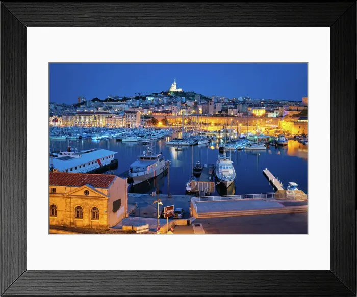 Framed Print : Marseille Old Port (Vieux-Port de Marseille) with yachts and Basilica of Notre-Dame de la Garde in the night
