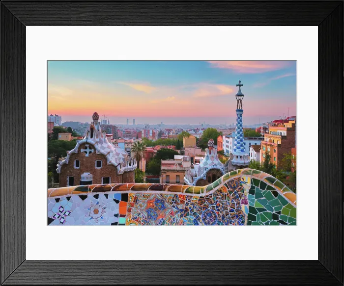 Framed Print : Barcelona city view from Guell Park with colorful mosaic buildings in tourist attraction Park Guell in the morning Framed Print : Barcelona city view from Guell Park with colorful mosaic buildings in tourist attraction Park Guell in the morning