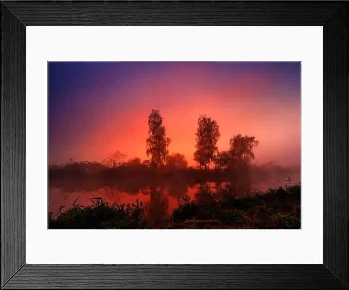 Framed Print : Autumn colorful sunrise on the foggy calm river. Autumn misty morning. Autumn dawn scene panorama