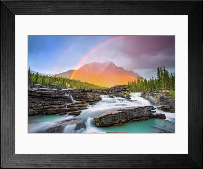 Framed Print : Double rainbow shining over a rugged waterfall and the Rocky Mountains, Jasper National Park; Alberta, Canada Framed Print : Double rainbow shining over a rugged waterfall and the Rocky Mountains, Jasper National Park; Alberta, Canada