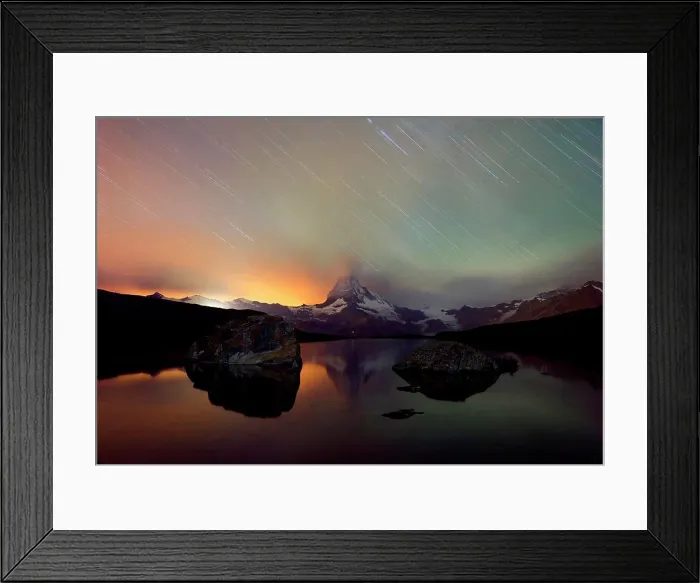 Framed Print : Seen from Stellisee, light streaks from stars through three hour time exposure in thunderstorm