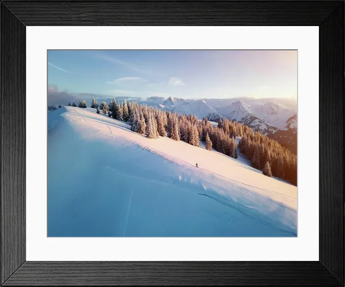 Framed Print : Woman skiing on snow covered mountain at sunrise, Schonkahler, Tyrol, Austria Framed Print : Woman skiing on snow covered mountain at sunrise, Schonkahler, Tyrol, Austria