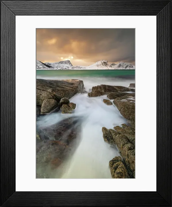 Framed Print : Haukland Beach in winter, Lofoten, Nordland, Norway, Europe