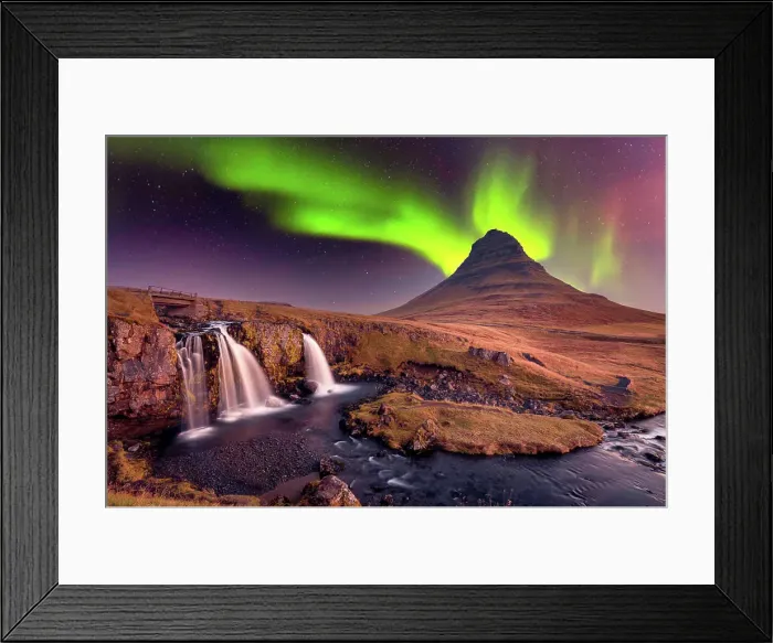 Framed Print : Aurora Borealis (Northern Lights) over Kirkjufell Mountian with a small waterfall in Iceland, Polar Regions Framed Print : Aurora Borealis (Northern Lights) over Kirkjufell Mountian with a small waterfall in Iceland, Polar Regions