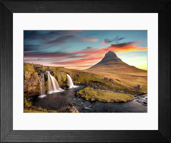Framed Print : Sunrise at Kirkjufell Mountain overlooking a small waterfall, Iceland, Polar Regions Framed Print : Sunrise at Kirkjufell Mountain overlooking a small waterfall, Iceland, Polar Regions