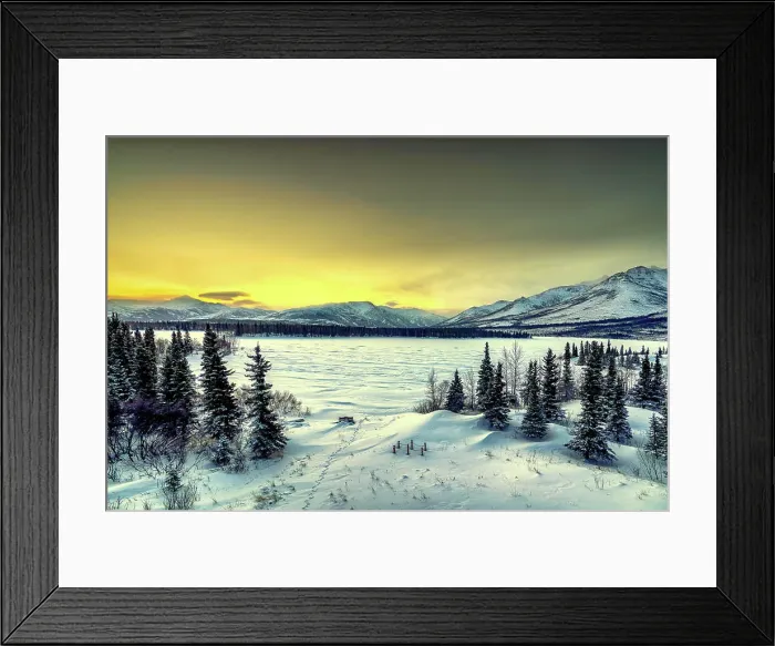 Framed Print : Sunrise over the frozen Otto Lake and snowy mountains of Denali National Park in the background