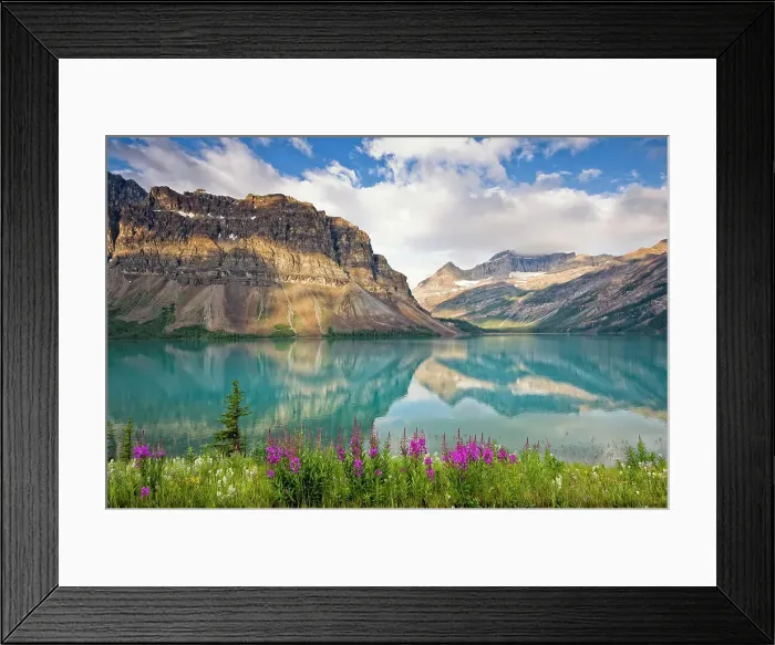 Framed Print : Mountain reflection at Bow Lake at sunrise in Banff National Park, Alberta, Canada