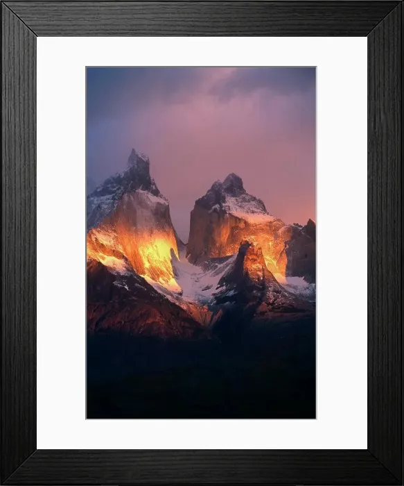 Framed Print : Chile, Torres del Paine National Park. Sunrise on the peaks of Los Cuernos Framed Print : Chile, Torres del Paine National Park. Sunrise on the peaks of Los Cuernos