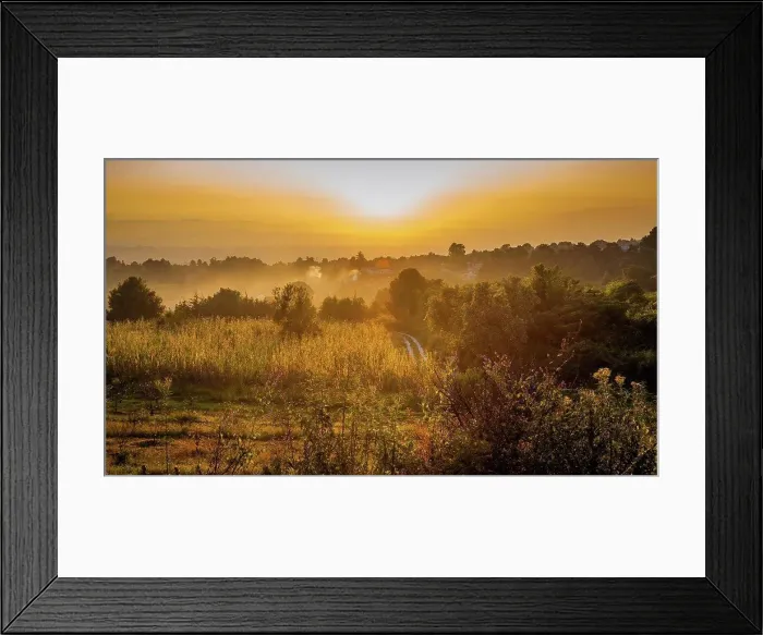 Framed Print : Country sunset foggy view dusk at summer Framed Print : Country sunset foggy view dusk at summer