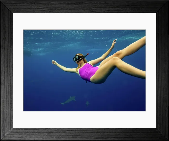 Framed Print : Underwater view of woman snorkeling with sea life, Oahu, Hawaii, USA
