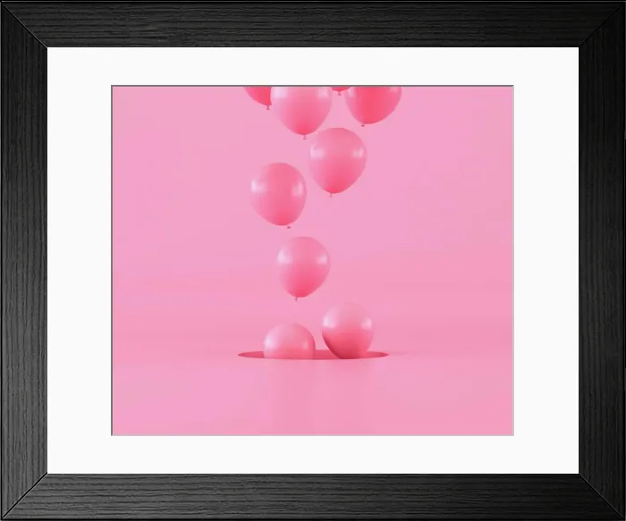 Framed Print : Minimal conceptual idea of floating pink balloons on pastel background. 3D rendering