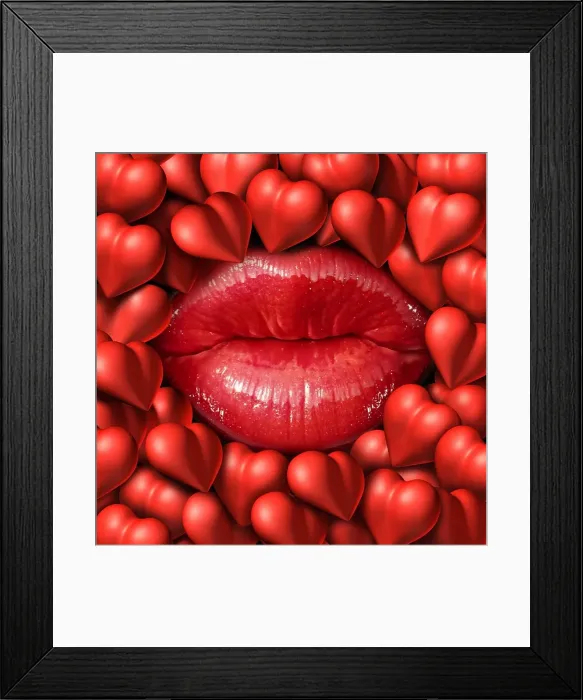 Framed Print : Romance concept and love symbol as red female lips surrounded by a group of heart icons representing relationship