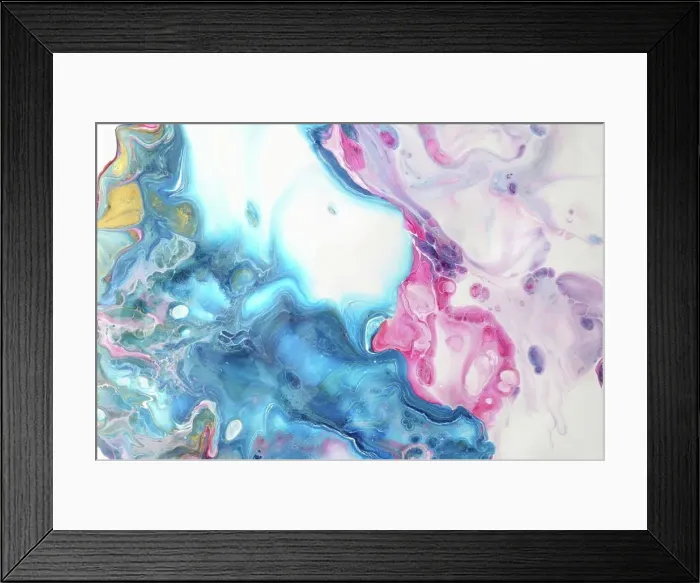 Framed Print : Art Abstract flow acrylic and watercolor marble blot painting. Blue and pink Color wave horizontal texture background