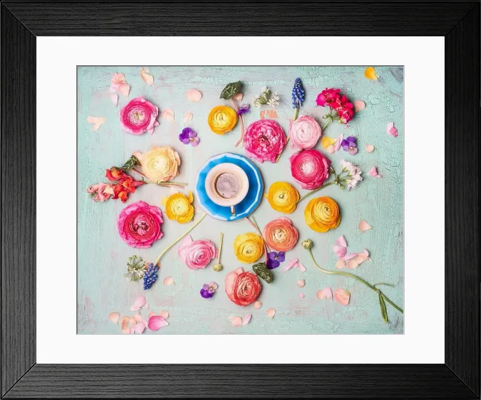 Framed Print : Cup of coffee with colorful flowers on turquoise blue shabby chic background, top view, flat lay Framed Print : Cup of coffee with colorful flowers on turquoise blue shabby chic background, top view, flat lay