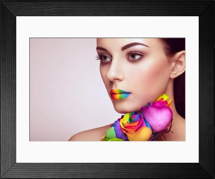 Framed Print : Portrait of beautiful young woman with rainbow rose