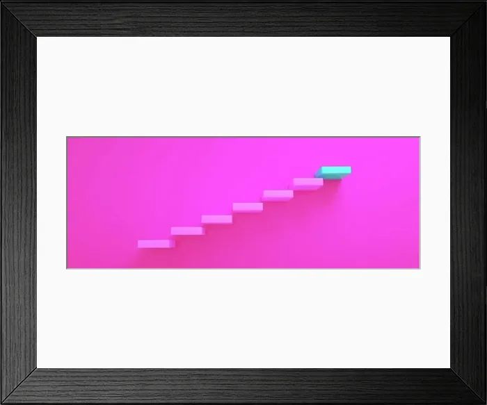Framed Print : pink stairs leading to blue top step, top level or career, 3D rendering, panoramic image Framed Print : pink stairs leading to blue top step, top level or career, 3D rendering, panoramic image