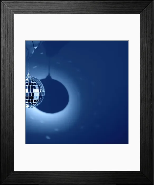 Framed Print : Mirror or disco ball, reflecting colorful lights on classic blue background Framed Print : Mirror or disco ball, reflecting colorful lights on classic blue background