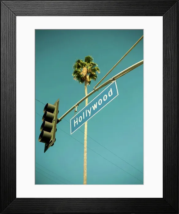 Framed Print : USA, California, City of Los Angeles, Stoplight with Hollywood sign hanging against clear turquoise sky Framed Print : USA, California, City of Los Angeles, Stoplight with Hollywood sign hanging against clear turquoise sky