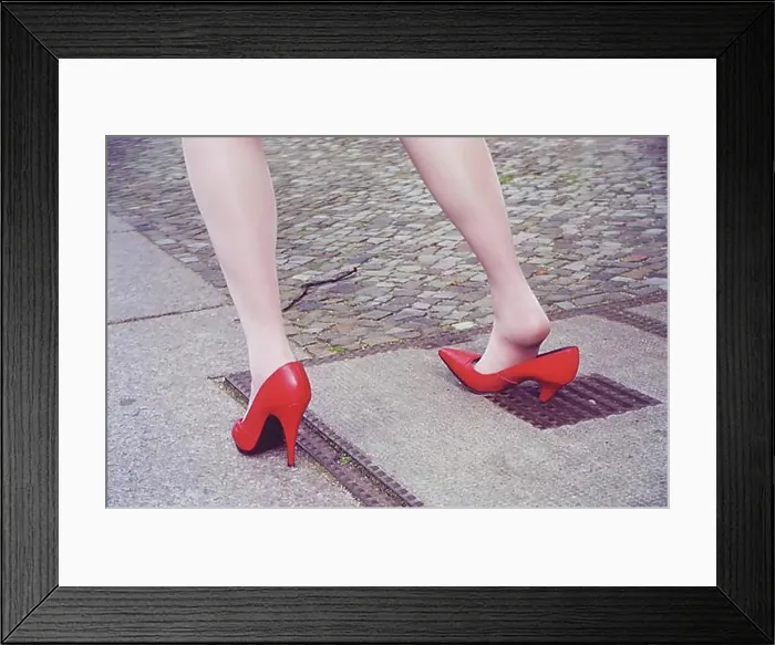 Framed Print : Misfortune, woman gets stuck in a hole with high heels, Berlin, Germany, Europe Framed Print : Misfortune, woman gets stuck in a hole with high heels, Berlin, Germany, Europe
