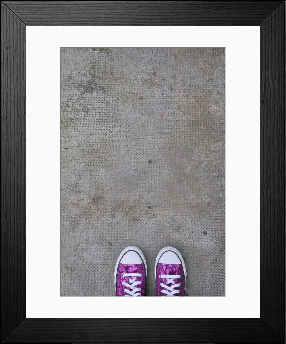 Framed Print : Germany, Bavaria, Pink shoes on concrete floor Framed Print : Germany, Bavaria, Pink shoes on concrete floor