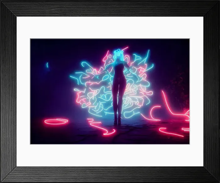 Framed Print : dreamy unrecognizable woman silhouette with colorful neon fumes ans conical witch hat, neural network generated art Framed Print : dreamy unrecognizable woman silhouette with colorful neon fumes ans conical witch hat, neural network generated art
