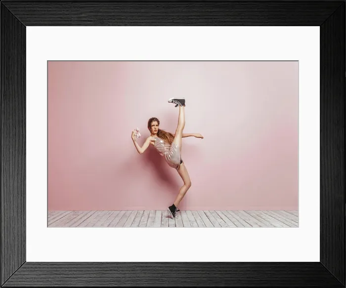 Framed Print : fashion girl with a phone on pink background millennial Framed Print : fashion girl with a phone on pink background millennial