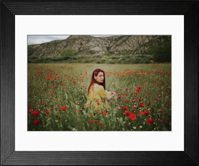 Framed Print : Pensive attractive red haired adult lady in yellow dress with red poppy in hair Framed Print : Pensive attractive red haired adult lady in yellow dress with red poppy in hair