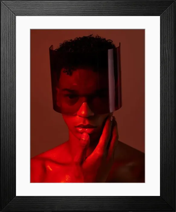 Framed Print : Cyberpunk, glasses and man in red studio Framed Print : Cyberpunk, glasses and man in red studio