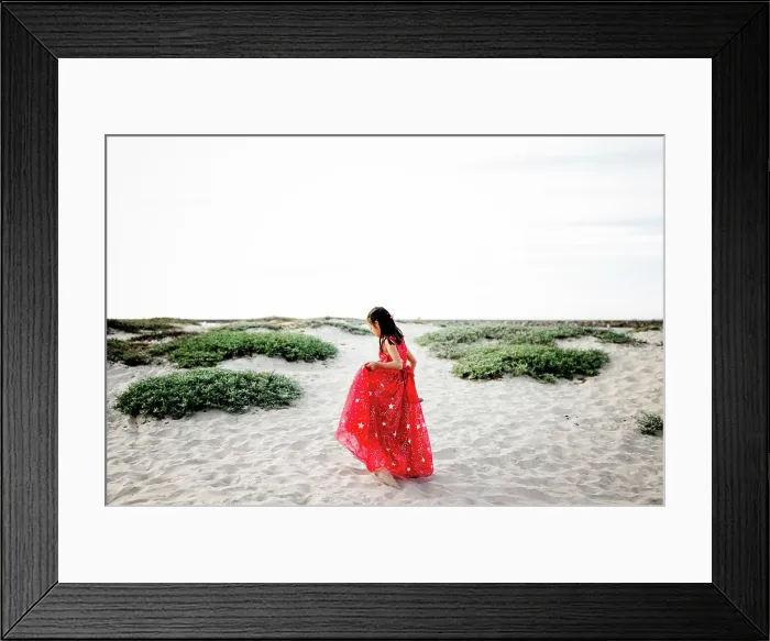 Framed Print : Six Year Old Asian Girl in Red Dress Walking on Beach Framed Print : Six Year Old Asian Girl in Red Dress Walking on Beach