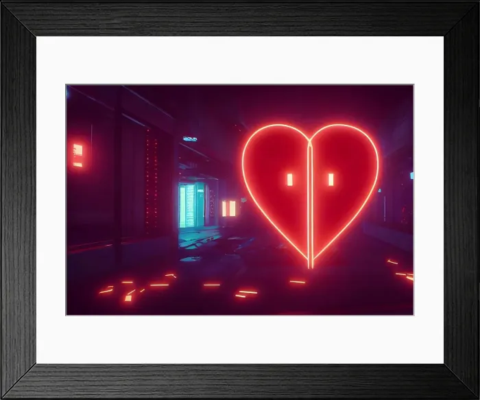 Framed Print : large red glowing heart on the wall in night club with dim lights, neural network generated art Framed Print : large red glowing heart on the wall in night club with dim lights, neural network generated art