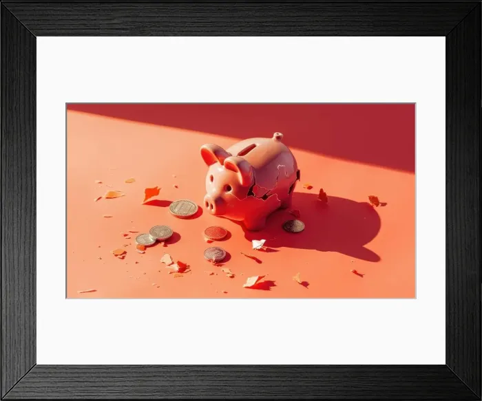 Framed Print : A piggy bank is broken and has coins scattered around it