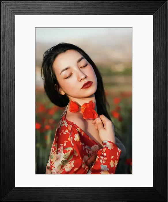 Framed Print : Gorgeous model in red dress holding poppy flowers Framed Print : Gorgeous model in red dress holding poppy flowers