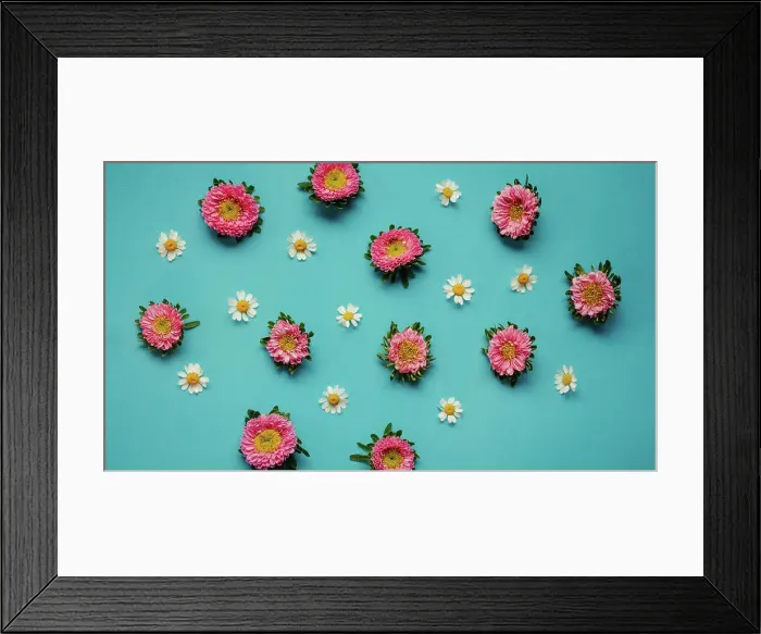 Framed Print : Overhead Shot of Colorful Daisies on a Blue Background