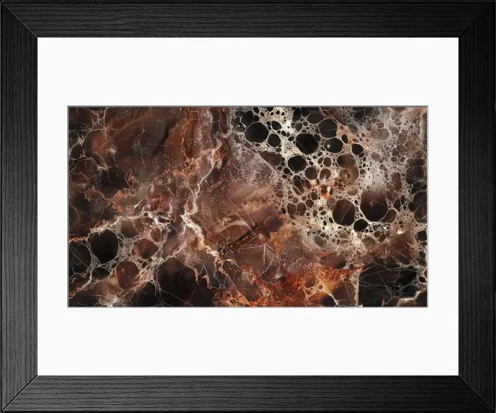 Framed Print : A close-up view of brown marble with white veins and circular patterns