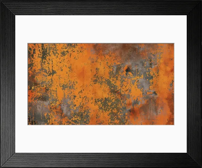 Framed Print : A close-up shot of a rusty metal surface with peeling orange paint