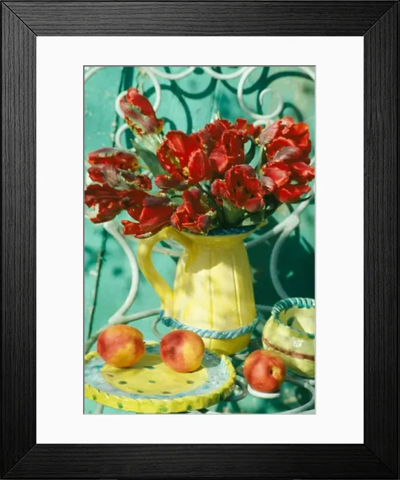 Framed Print : Still-Life of red tulips in jellow jug Framed Print : Still-Life of red tulips in jellow jug