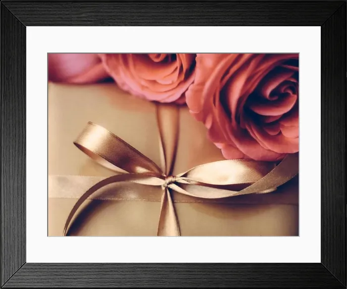 Framed Print : Luxury holiday golden gift box and bouquet of roses as Christmas, Valentines Day or birthday present