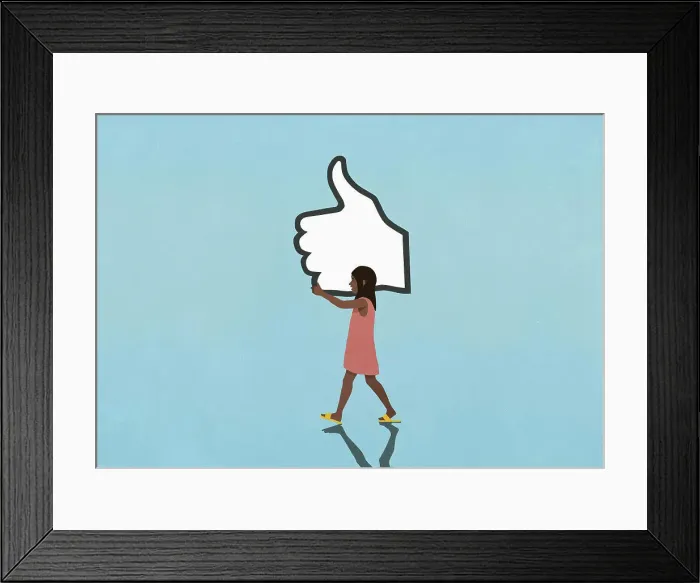 Framed Print : Social Media like button above walking girl with smart phone Framed Print : Social Media like button above walking girl with smart phone