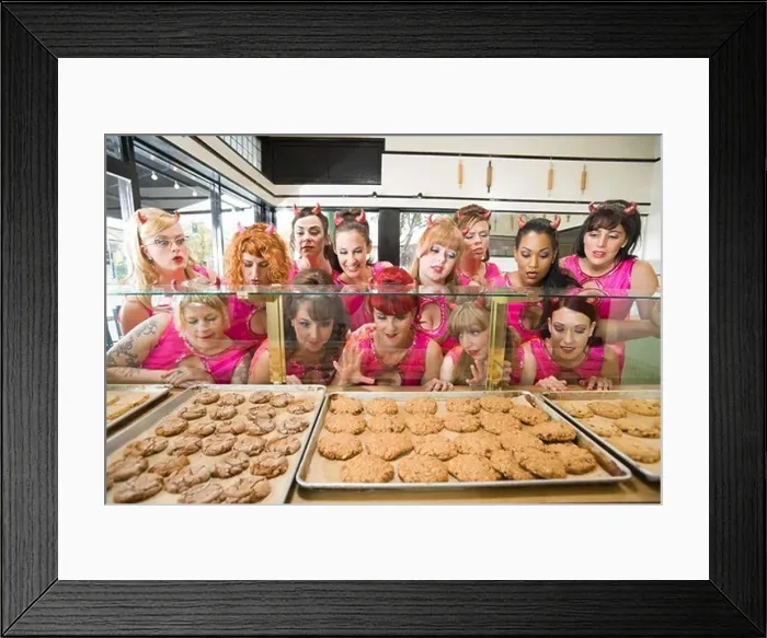 Framed Print : Women Wearing Devil Horns at a Bakery, Oakland, Alameda County, California, USA