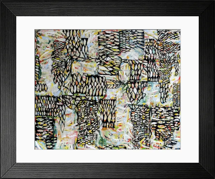 Framed Print : An abstract collage and encaustic painting with swirling brush strokes