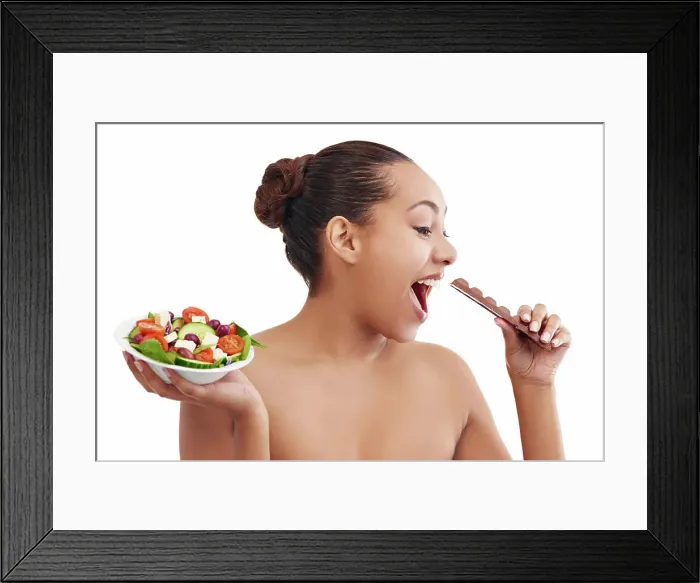 Framed Print : Happy woman, salad and chocolate with choice for diet Framed Print : Happy woman, salad and chocolate with choice for diet