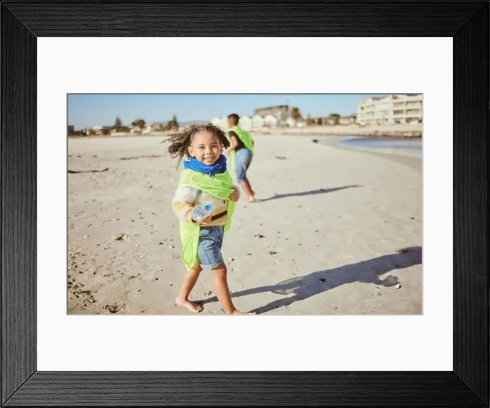 Framed Print : Plastic, beach and child recycling in portrait for earth day Framed Print : Plastic, beach and child recycling in portrait for earth day