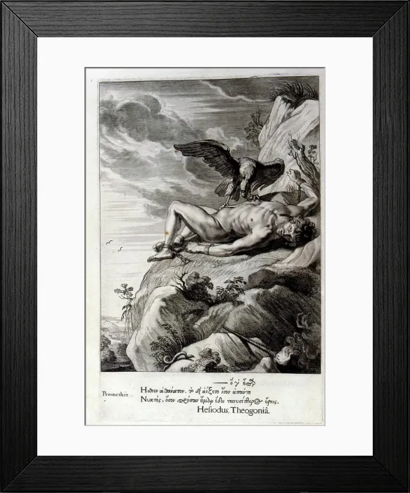 Framed Print : Black and white engraving illustration of Prometheus chained and having his liver eaten by a bird Framed Print : Black and white engraving illustration of Prometheus chained and having his liver eaten by a bird