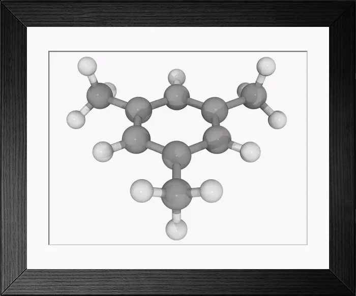 Framed Print : Mesitylene, molecular model. Derivative of benzene with three methyl substituents