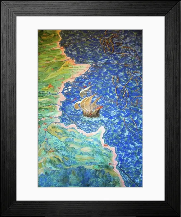 Framed Print : Detail of antique map of Calabria with sailing ship boat in painting in Vatican Museum Room of Maps by Ignazio Danti